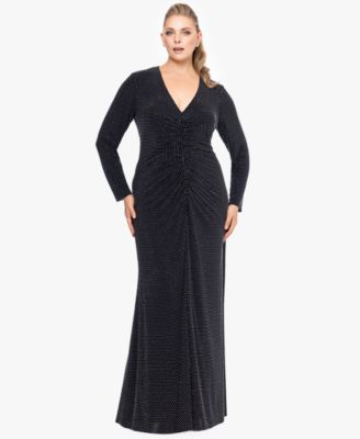 XSCAPE - Plus Size Shimmer Center-Ruched V-Neck Gown