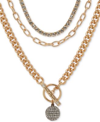 KARL LAGERFELD PARIS - Two-Tone Crystal Disco Ball Three Chain Layered Necklace, 16" + 3" extender