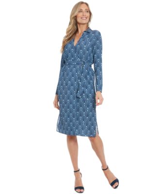 London Times - Petite Geometric-Print Belted Side-Slit Dress