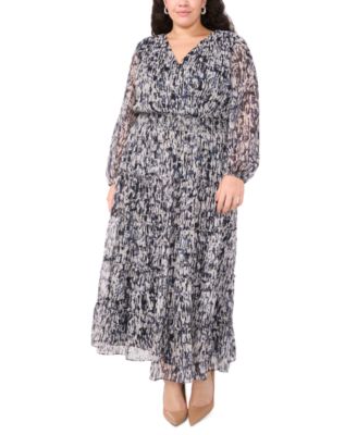 MSK - Plus Size Printed Smocked-Waist Balloon-Sleeve Maxi Dress