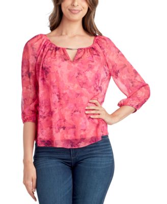 BCX - Juniors' Printed Sheer Peasant Top