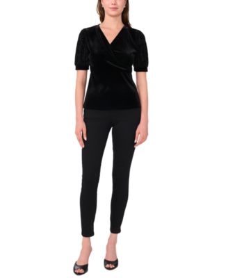 Sam & Jess - Women's Velvet Faux-Wrap Flocked-Sleeve Top