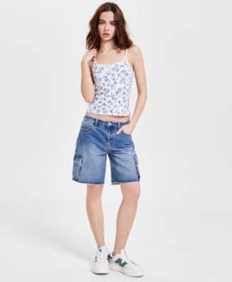 Indigo Rein - Juniors' Cotton Cargo Bermuda Denim Shorts