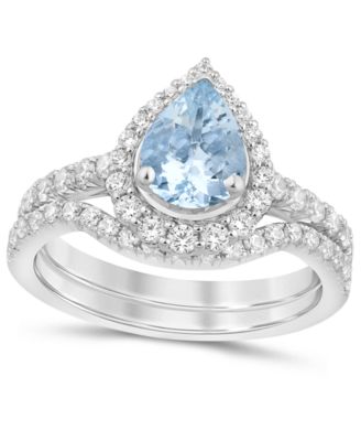 Macy's - Aquamarine (1 ct. t.w.) & Diamond (3/4 ct. t.w.) Pear Halo Bridal Set in 14k White Gold