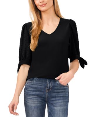 CeCe - Women's Clip-Dot Tie-Sleeve V-Neck Top