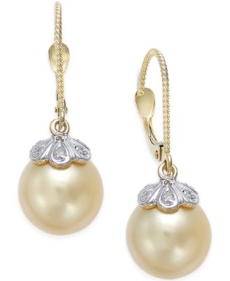 Macy's - Cultured Golden South Sea Pearl (10mm) and Diamond Accent Earrings in 14k Gold