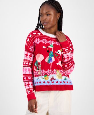 Hooked Up by IOT - Juniors' Festive Flamingo Pullover Sweater