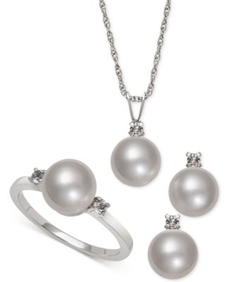 Macy's - Cultured Freshwater Pearl (8mm) and White Topaz (1/4 ct. t.w.) Jewelry Set in Sterling Silver