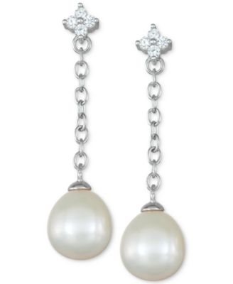 Macy's - Cultured Freshwater Pearl (8mm) & Cubic Zirconia Flower Chain Earrings in Sterling Silver