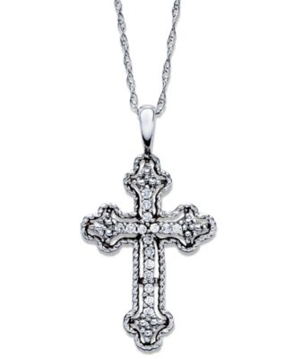 Macy's - Diamond Antique Cross Pendant Necklace in 14k White Gold (1/10 ct. t.w)