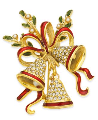 Holiday Lane - Gold-Tone Crystal & Imitation Pearl Triple Bell Pin