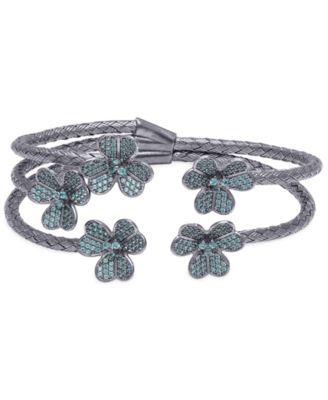 Rhona Sutton - Crystal Flowers Cuff Bangle in Ruthenium Over Sterling Silver