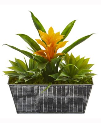 Nearly Natural - 11in. Bromeliad and Agave Artificial Plant in Embossed Tin Planter