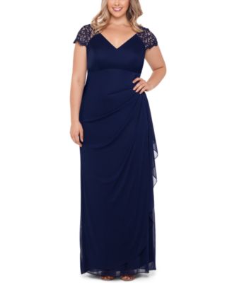 XSCAPE - Plus Size Lace-Shoulder Gown