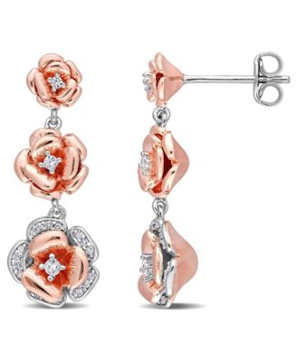 Macy's - Lab Grown White Sapphire (1/8 ct. t.w.) and Diamond (1/10 ct. t.w.) Graduated Floral Earrings in Two-Tone Sterling Silver