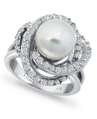 Macy's - Imitation Pearl and Cubic Zirconia Pave Swirl Ring in Fine Silver Plate