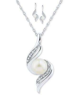 Macy's - 2-Pc. Set Cultured Freshwater Pearl (6mm & 7mm) & Diamond (1/10 ct. t.w.) Pendant Necklace & Matching Drop Earrings in Sterling Silver