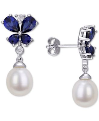 Macy's - Cultured Freshwater Pearl (8mm) & Lab-Grown Blue & White Sapphire (3-3/4 ct. t.w.) Butterfly Drop Earrings in Sterling Silver