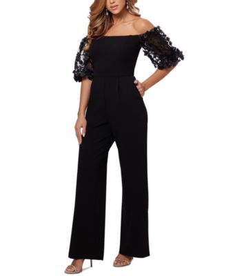XSCAPE - Floral-Sleeve Off-The-Shoulder Jumpsuit