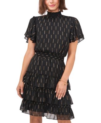 MSK - Printed Tiered Smocked-Waist Flutter-Sleeve Dress