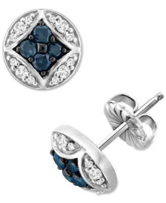 Macy's - Blue Diamond (1/3 ct. t.w.) & White Diamond (1/6 ct. t.w.) Cluster Stud Earrings in Sterling Silver