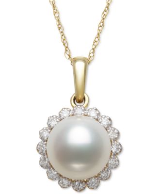 Belle de Mer - Cultured Freshwater Pearl (7mm) & Diamond (1/8 ct. t.w.) Halo 18" Pendant Necklace in 14k Gold
