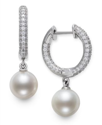 Belle de Mer - Cultured Freshwater Pearl (7mm) & Cubic Zirconia Dangle Huggie Hoop Earrings in Sterling Silver