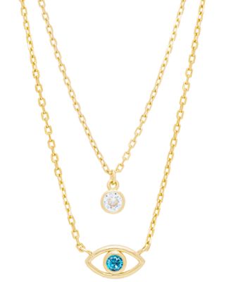 Macy's - Blue Topaz (1/4 ct. t.w.) & Cubic Zirconia Evil Eye & Solitaire 18" Layered Necklace in 14k Gold-Plated Sterling Silver