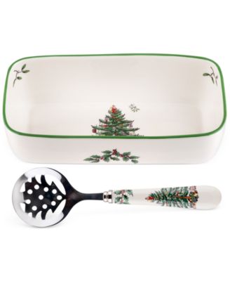 Spode - Christmas Tree Cranberry Server with Slotted Spoon