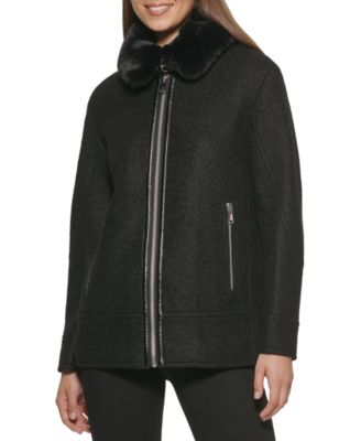 Kenneth Cole - Women's Faux-Fur-Collar Moto Coat