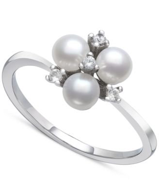 Belle de Mer - Cultured Freshwater Button Pearl (4mm) & Lab-Created White Sapphire (1/10 ct. t.w.) Trillium Ring in Sterling Silver