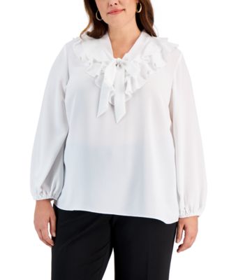 Kasper - Plus Size Tie-Front Ruffle-Trim Blouse