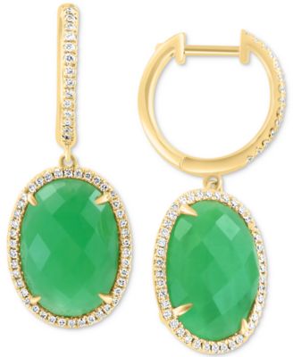 EFFY Collection - Green Jade & Diamond (1/3 ct. t.w.) Oval Dangle Hoop Earrings in 14k Gold