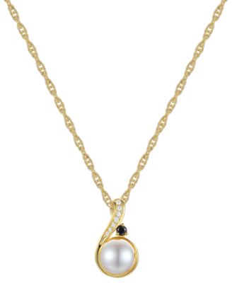 Macy's - Cultured Freshwater Pearl (8mm), Onyx & Diamond Accent 18" Pendant Necklace in 10k Gold