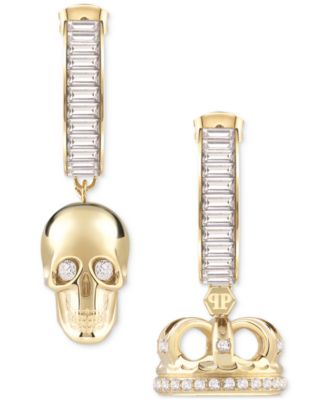 Philipp Plein - Gold-Tone IP Stainless Steel Pav&eacute; 3D $kull & Crown Mismatch Charm Baguette Crystal Hoop Earrings