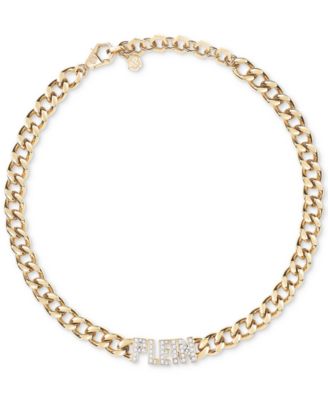 Philipp Plein - Gold-Tone IP Stainless Steel Pav&eacute; PLEIN Lettering Cuban Link Necklace, 15" + 2-3/4" extender