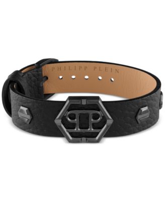 Philipp Plein - Gunmetal IP Stainless Steel Logo Leather Flex Bracelet