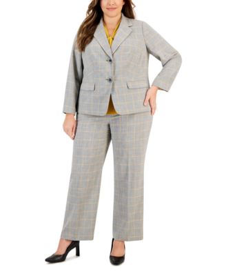 Kasper - Plus Size Plaid Two-Button Jacket, Knot-Neck Top, & Plaid Trouser Pants