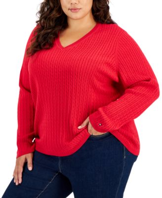 Tommy Hilfiger - Plus Size Cable-Knit V-Neck Ivy Sweater