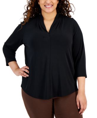 JM Collection - Plus Size Solid V-Neck 3/4-Sleeve Top