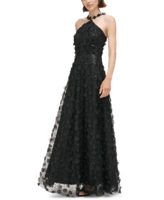 Eliza J - Women's 3D Floating Flowers Sequined Mesh Halter Gown