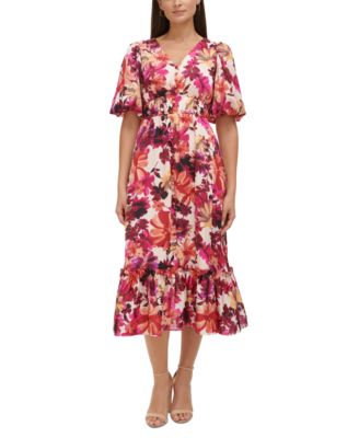 kensie - Women's V-Neck Short-Sleeve Chiffon Midi Dress