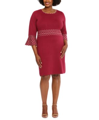 London Times - Plus Size Contrast-Trimmed Bell-Sleeve Dress