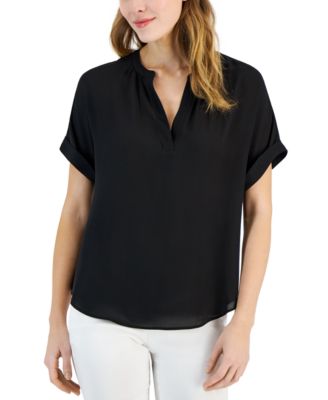 T Tahari - Women's Solid Round-Hem Split-Neck Rolled-Cuff Top