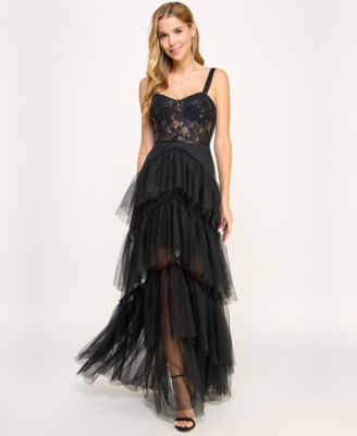 City Studios - Juniors' Ruffle-Tiered Sequin-Lace Gown
