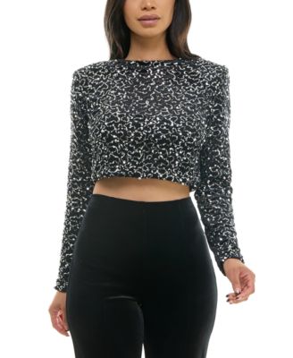 Alex & Sophia - Juniors' Faux-Pearl-Trim Sequin Velvet Top