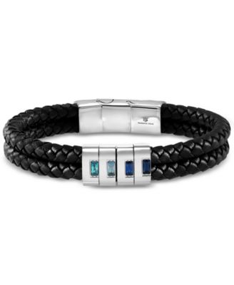 Blackjack - Men's Cubic Zirconia Double Strand Leather Bracelet in Stainless Steel