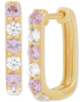 Macy's - Lab-Grown Pink Sapphire (1/2 ct. t.w.) & Lab-Grown White Sapphire (1/2 ct. t.w.) Square Small Hoop Earrings in 14k Gold-Plated Sterling Silver