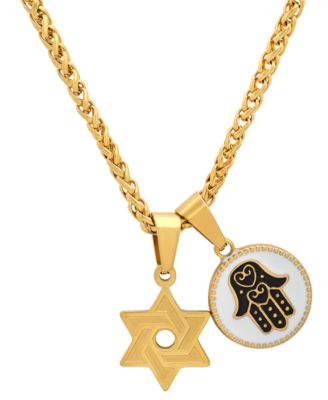 STEELTIME - Men's 18K Gold Plated Star of David & Hamsa Round Pendant Necklace, 24"
