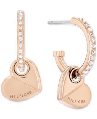 Tommy Hilfiger - Gold-Tone Stainless Steel Heart Charm Pav&eacute; Hoop Earrings